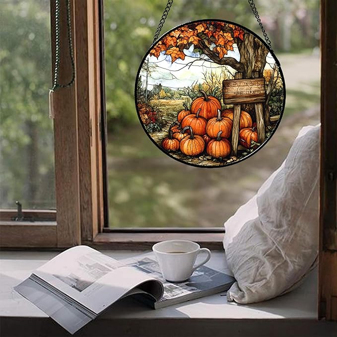 Stained Glass Window Hanging Fall Farm Scenery Maple Trees Pumpkin 7.8" - Suncatcher Door Garden Kitchen Sun Catcher Autumn Decor Birthday for Mom Nana Men Woman Friend