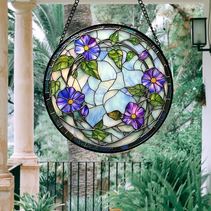 Stained Glass Window Hanging, Purple Morning Glory Flowers Suncatcher for Doors Window Home Plant Sun Catchers Decoration Mother's Day Birthday Gifts for Women, Men, and Mom 6.3x6.3 in