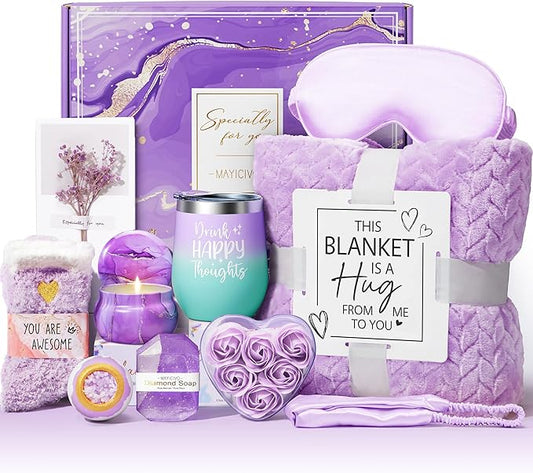 Birthday Gifts for Women Self Care Gifts Get Well Soon Gifts, Lavender Relaxing Spa Gifts Basket Care Package w/ Luxury Flannel Blanket, Unique Christmas Gifts Idea for Mom Her Friend Sister Wife