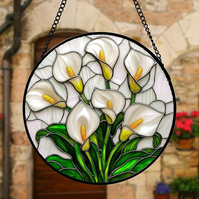 Stained Glass Window Hanging, White Calla Lily Suncatcher Diamond Glass Panel Hangings Flowers Sun Catchers Decor for Birthday for Women, Men, Wife, Aunt, and Mom 11.8x11.8 in