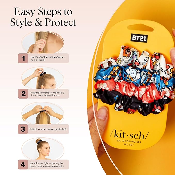 Kitsch x BT21 Satin Scrunchies for Women - No Crease Hair Ties for Girls | Scrunchies For All Hair Types and Textures, Perfect for Day or Night | Ideal Gifts for Women - 4 Pcs