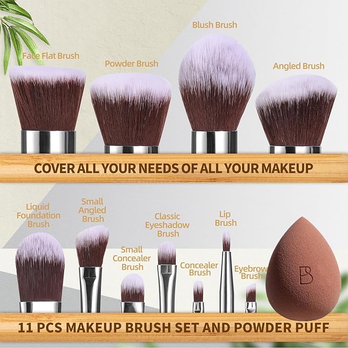 BS-MALL Makeup Brush Set 11Pcs Bamboo Synthetic Kabuki Brush Set Foundation Powder Blending Concealer Eye shadows Blush Cosmetics Brushes with Organizer Bag & Makeup Sponge (style, Count, 17)