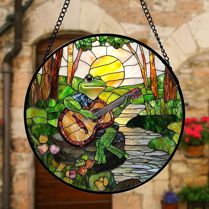 Stained Glass Window Hanging, Frog Playing Guitar Suncatcher Diamond Glass Panel Funny Sun Catchers Decor for Birthday for Women, Men, Wife, Aunt, and Mom 11.8x11.8 in