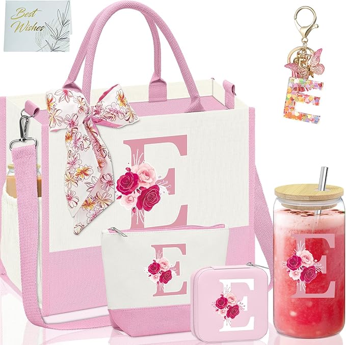 Gifts for Women,Initial Canvas Tote Bag,Personalized Gift for Woman,Monogrammed Gifts for Women,Initial Makeup Bag,Birthday Gift for Mom,present for Niece Sister-E