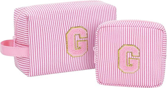 MONSTINA Personalized Initial Makeup Bag for Women,Make Up Case for Girlfriend Bridesmaid Wife,Birthday Gift for Her Cute Toiletry Bag,2PCS,Pink G