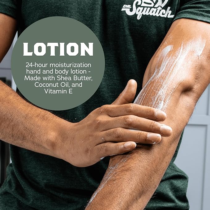 Dr. Squatch Natural Hand and Body Lotion for Men - Made with Shea Butter, Coconut Oil, Vitamin E for 24-Hr Moisturization - Pine Tar, Fresh Falls, Coconut Castaway & Cool Fresh Aloe (10 fl oz, 4-Pack)