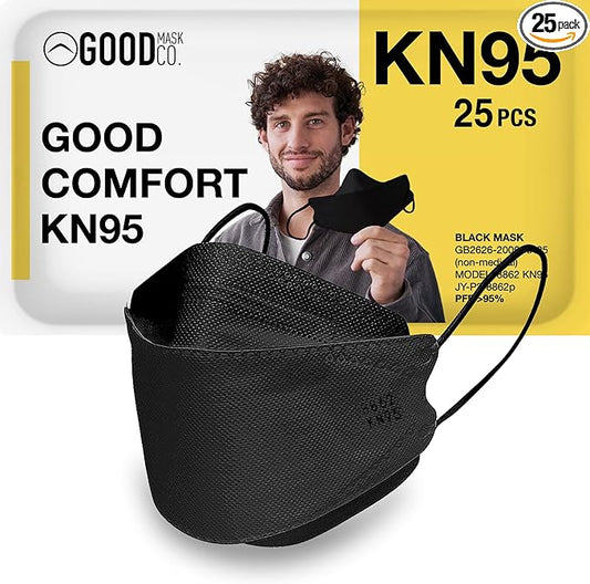 Good Mask Co. Good Comfort KN95 Face Mask, Disposable, Folding, Comfortable, Bulk (25 Pack, Black)