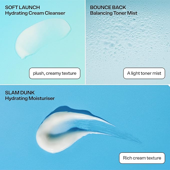 Bubble Skincare Silky Season 3-Step Hydrating Skin Care Set - Travel Size Skincare for Dry Skin - Soft Launch Cream Cleanser, Bounce Back Hydrating Toner Spray & Slam Dunk Moisturizer (3 Count)