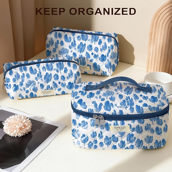 TOPEAST Makeup Bag for Women Girl, 3Pcs Large Cotton Travel Make up Bags with Zipper, Cute Quilted Floral Cosmetic Organizer Potable Brushes Toiletry Bag Set, Blue Floral