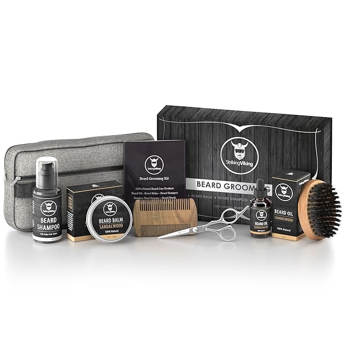 Striking Viking Grooming Kit - Premium Care Products for Men with Beard Shampoo, Oil, Balm Butter, Brush, Wooden Comb, Mustache Scissors & Toiletry Bag