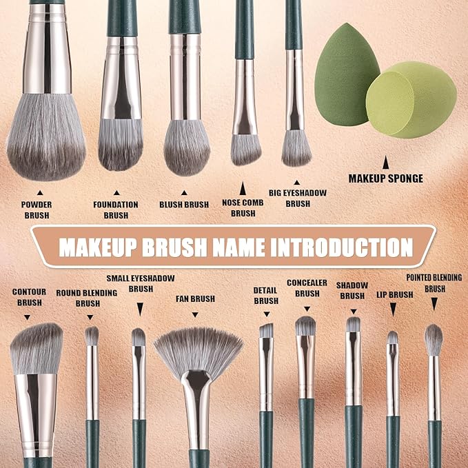 Makeup Brushes, 14 Pcs Professional Makeup Brush Set, Eye and Face Foundation Brush Set, Eyeshadow Brushes, Cosmetic Brushes with 2 Blender Sponge and PU Makeup Pail, Dark Green