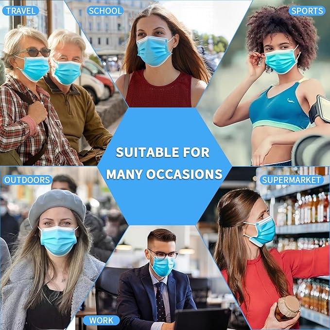NNPCBT Blue Disposable Face Masks 100 Pack,3-Ply Breathable Mask For Adults,Great For Outdoors,Home, Office, School