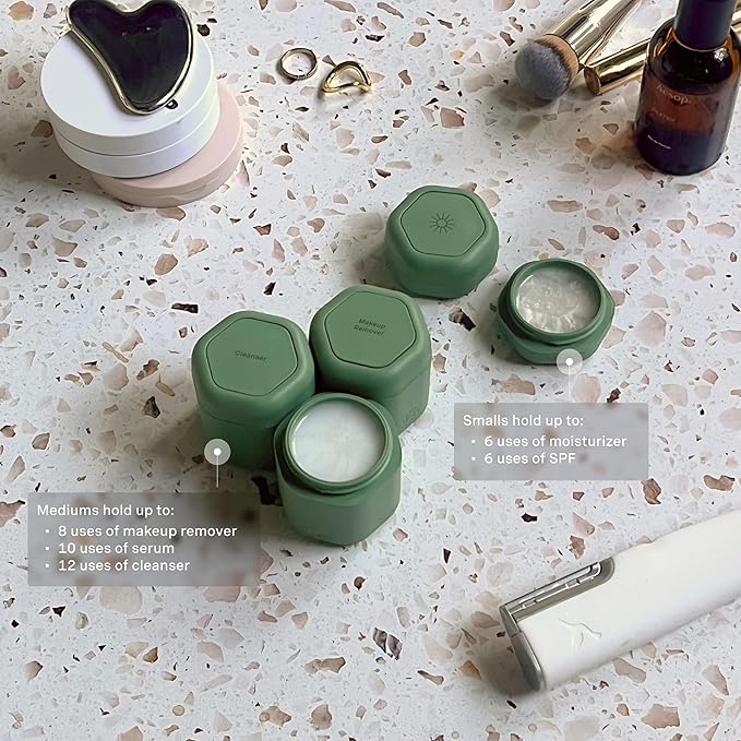 Cadence Travel Containers - Core Skincare Set - Magnetic Containers with Lids,2 Small (0.56oz) & 3 Medium (1.32oz) - Cleanser, Moisturizer, Serum, Makeup Remover & Sun Icon Labels - Eucalyptus