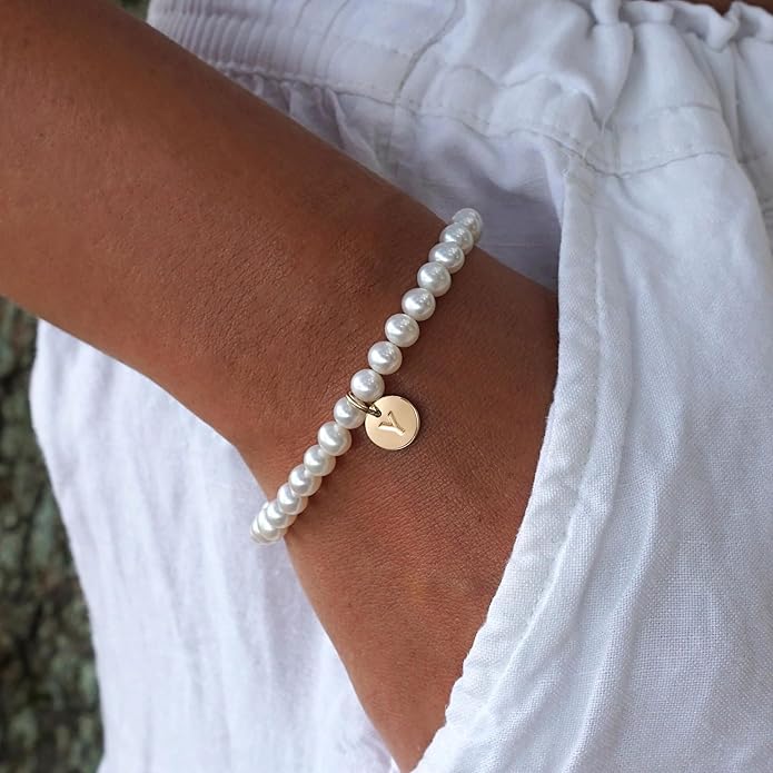 Ursteel Pearl Initial Bracelet for Women - Dainty 14K-Gold-Plated Letter Pearl Beaded Bracelet Jewelry for Women, Bridesmaid Proposal Wedding Bride Party Bridal Shower Birthday Gift