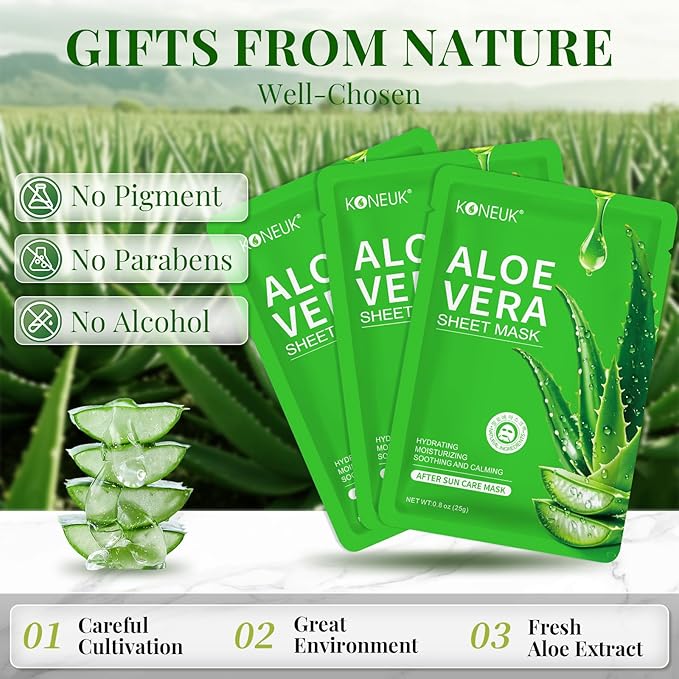 12 Pack Aloe Vera Face Masks Skincare, Sheet Aloe Hydrating Face Mask for Sunburn Relief and After Sun Care, Bulk Aloe Vera Face Mask for Spa Party Gifts