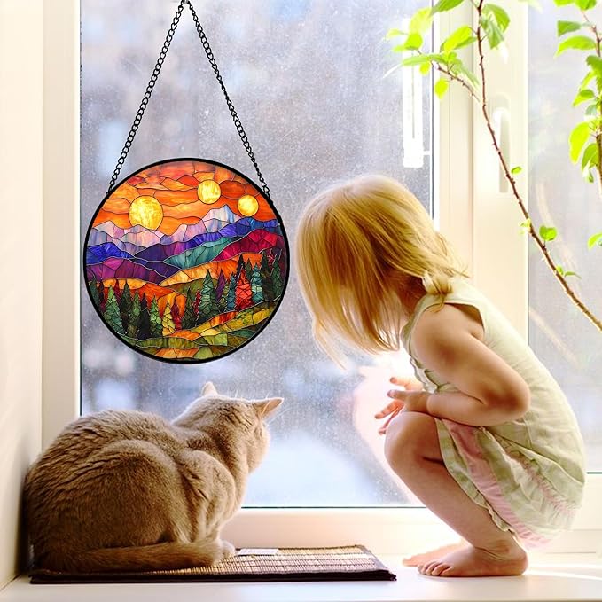 Stained Glass Window Hanging, Sunset Abstract Sun Catchers Colorful Glass Panel Landscape Suncatcher Decor for Birthday for Women, Men, Wife, Aunt, and Mom 9.8 in