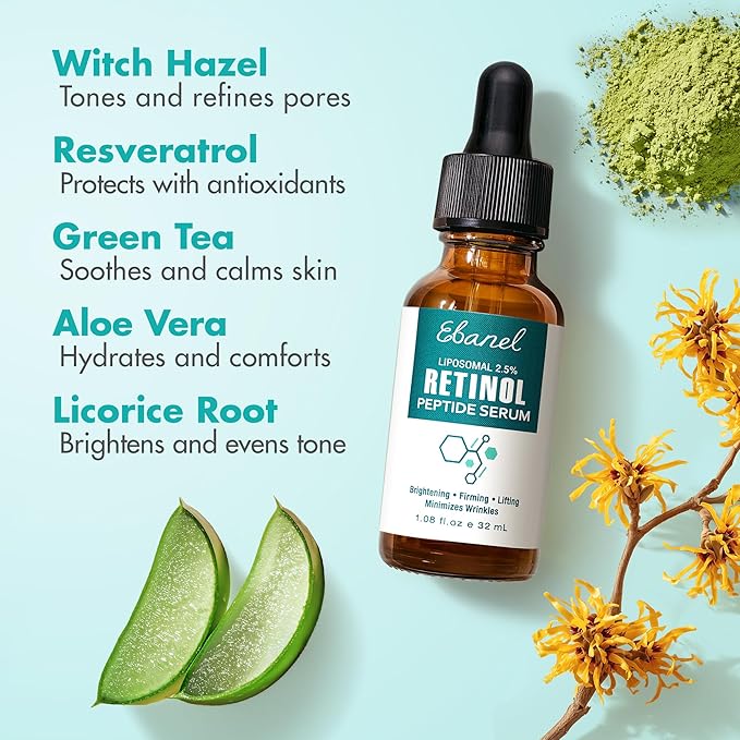 Ebanel Retinol Serum for Face with Vitamin C, Peptides & Hyaluronic Acid, Anti Aging Face Serum for Fine Lines, Uneven Skin Tone, Dark Spots & Texture, Pore Minimizer with Resveratrol & Niacinamide