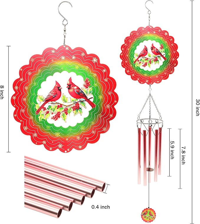 Wind Chimes with Cardinal Wind Spinner, Mom Gifts for Christmas Grandma Mom Women Birthday Retirement Teacher, 31" Windchimes Outdoor Decor Hanging Mobile for Garden Porch Patio Backyard