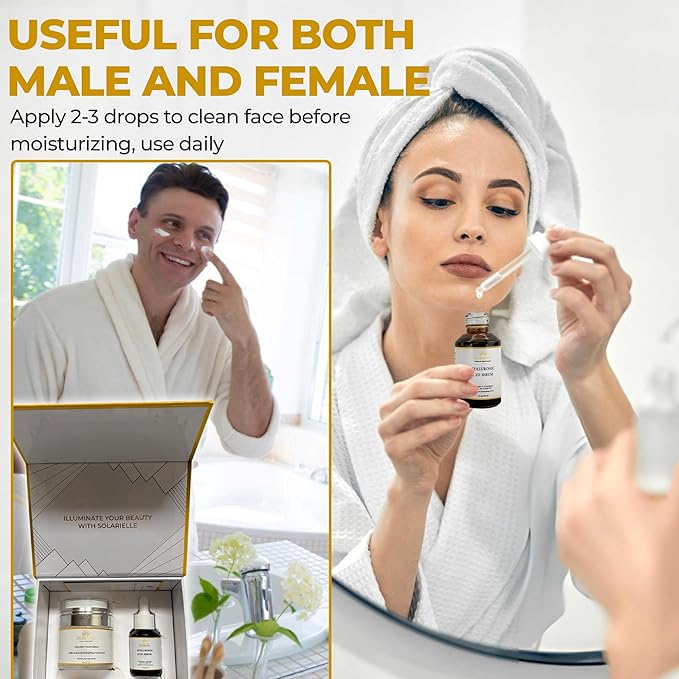 "SOLARIELLE Anti-Aging Skincare Set | Hyaluronic Acid Serum & Collagen Cream | Face & Neck Duo for Wrinkle Reduction | Natural Peptide Formula"