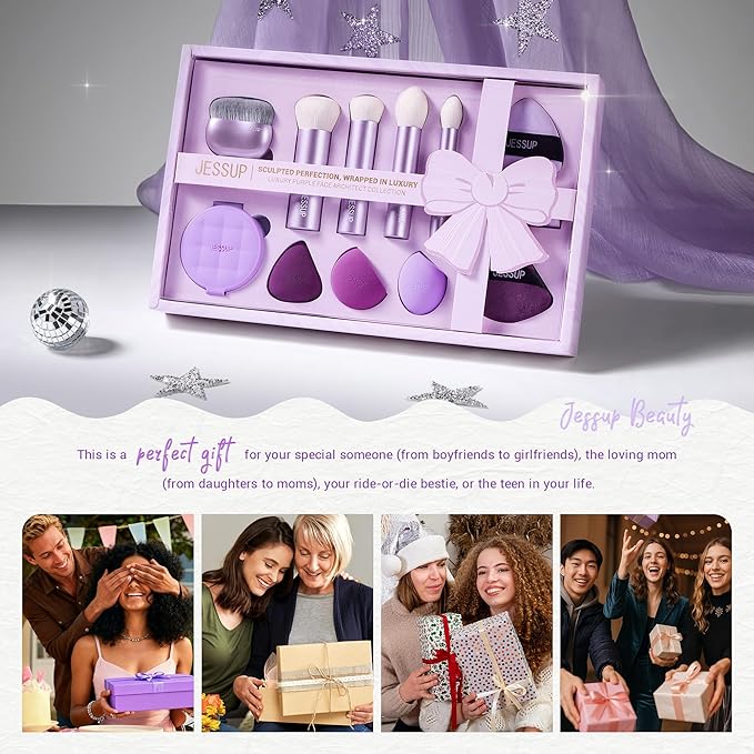 Jessup Premium Makeup Gift Set for Women Teen Girl, 11Pcs Gift Box Kabuki Brush, Makeup Sponge, Powder Puff, Brush Cleaner Mat with Soap, Perfect Present for Birthday Graduation, Luxury Purple T885