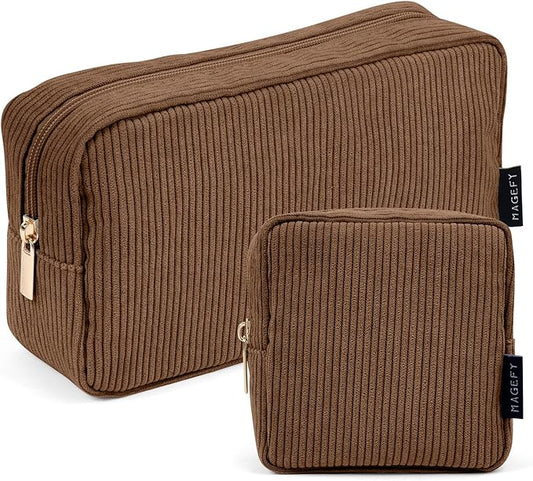MAGEFY Small Makeup Bag for Purse Mini Cosmetics Bag Corduroy Cute Cosmetic Pouch for Women with Slip-in Pockets
