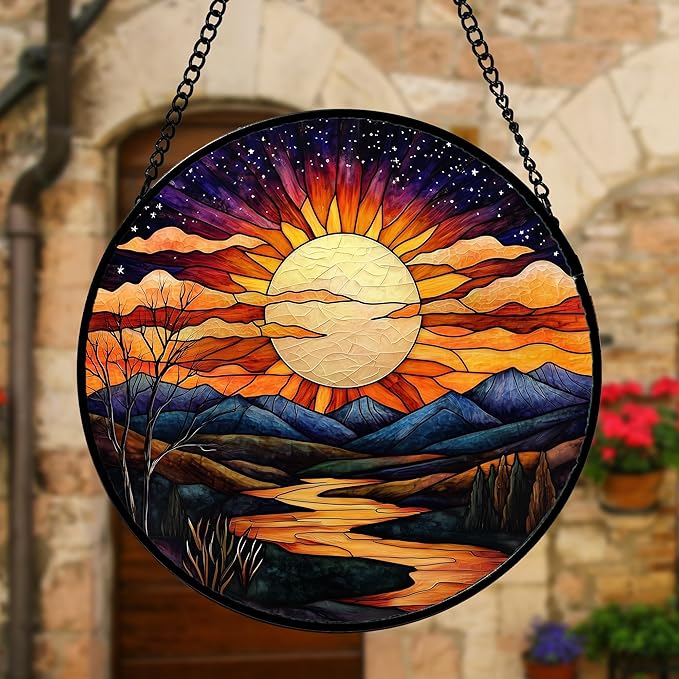Stained Glass Window Hanging, The Sun Shines Brightly on Lake Sun Catchers Colorful Glass Panel Suncatcher Decor for Birthday for Women, Men, Wife, Lovers, and Mom 9.8 in