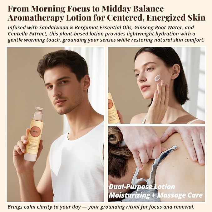 Sandalwood & Bergamot Aromatherapy Lotion – Lightweight Moisturizer for Body & Massage, Gentle Warming Care with Woody-Citrus Aroma for Grounding and Refreshing Self-Care, 3.4 fl oz / 100 ml