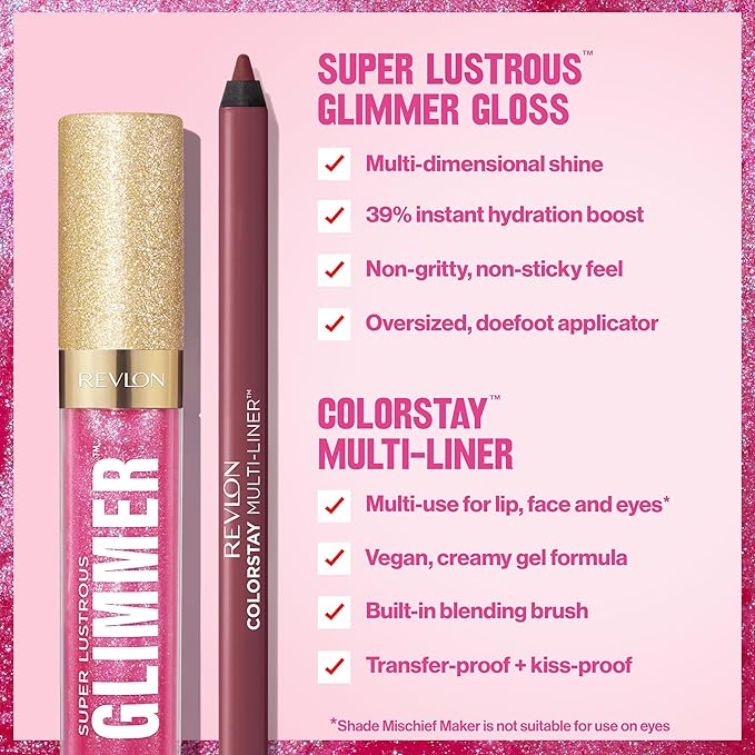Revlon Super Lustrous Glimmer Gloss and ColorStay Multi-Liner Bundle, Rose Glow and Dallying, Pack of 2