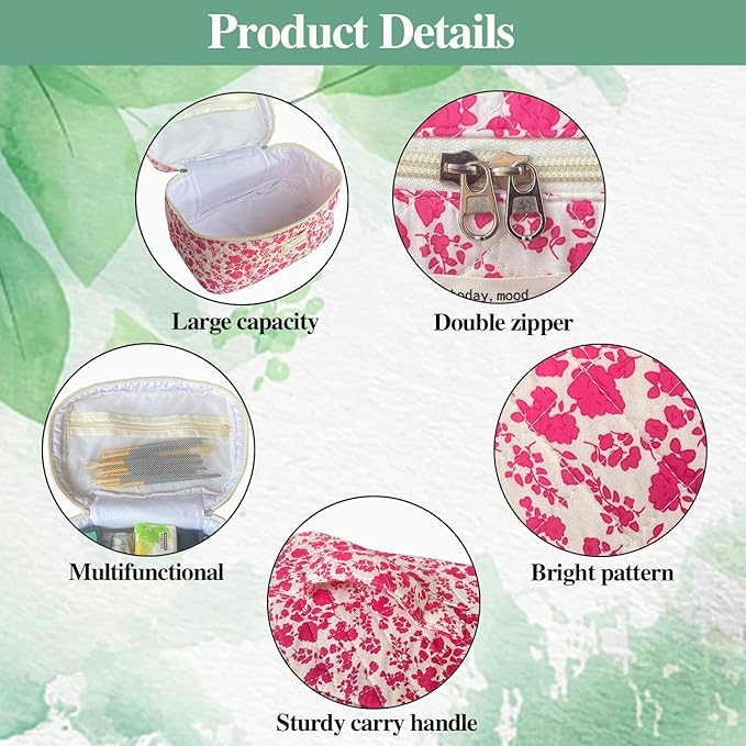 Rose Red Large Quilted Floral Makeup Bag Set of 3 Cute Coquette Aesthetic Cosmetic Bag Set Travel Toiletry Bag for Women