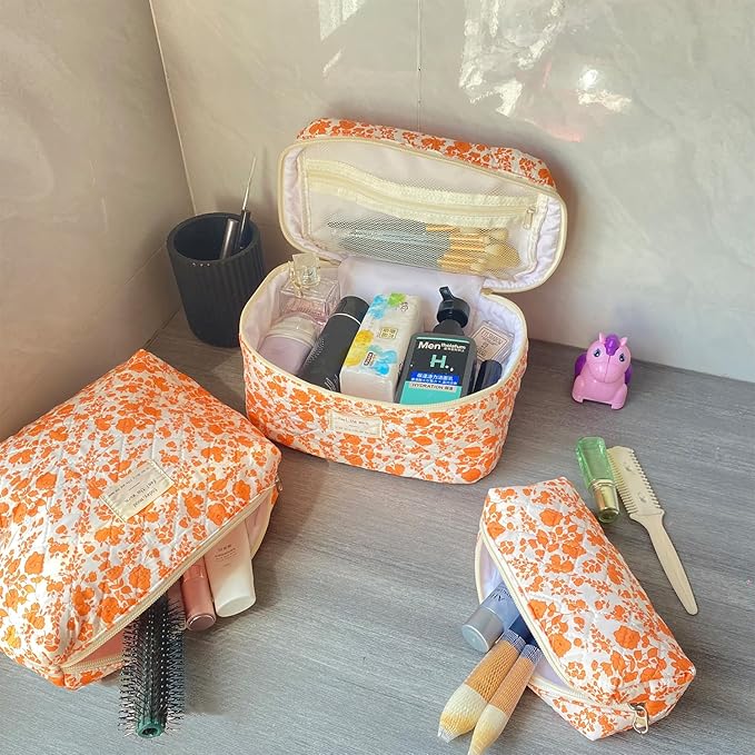 Orange Large Quilted Floral Makeup Bag Set of 3 Cute Coquette Aesthetic Cosmetic Bag Set Travel Toiletry Bag for Women