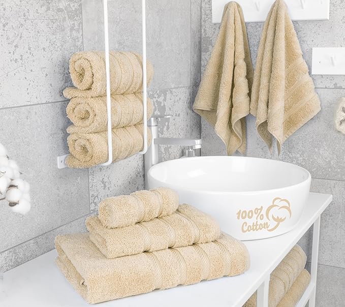 American Soft Linen Luxury 6 Piece Towel Set, 2 Bath Towels 2 Hand Towel 2 Washcloths, 600 GSM 100% Cotton Turkish Towels for Bathroom, Beige Towel Sets