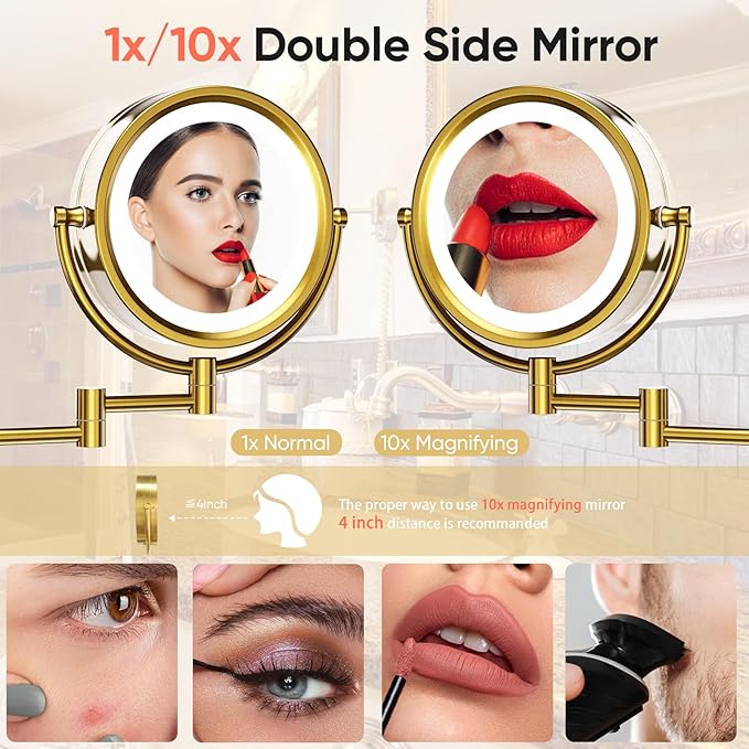 GURUN 8.5" Plug-in Magnifying Makeup Mirror with 3 Tones Dimmable LED Lights Double Sided Touch Control Wall Mounted Vanity Mirror for Bathroom with 10X Magnification M1809DGJ-T (Brushed Gold)