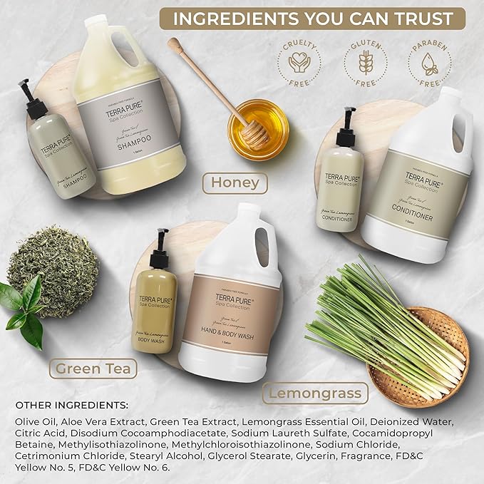 Spa Collection Gallon & Dispenser Set | 1-Shoppe Amenities Kit | Shampoo, Conditioner, Body Wash | Refillable 10.14 oz Pump Bottles