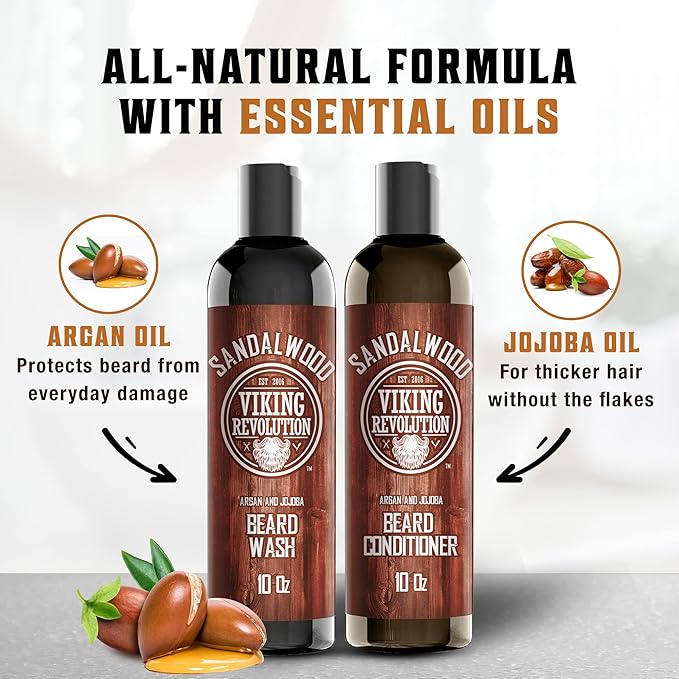 Beard Wash & Beard Conditioner Set w/Argan & Jojoba Oils - Softens & Strengthens - Natural Sandalwood Scent - Beard Shampoo w/Beard Oil (10oz)