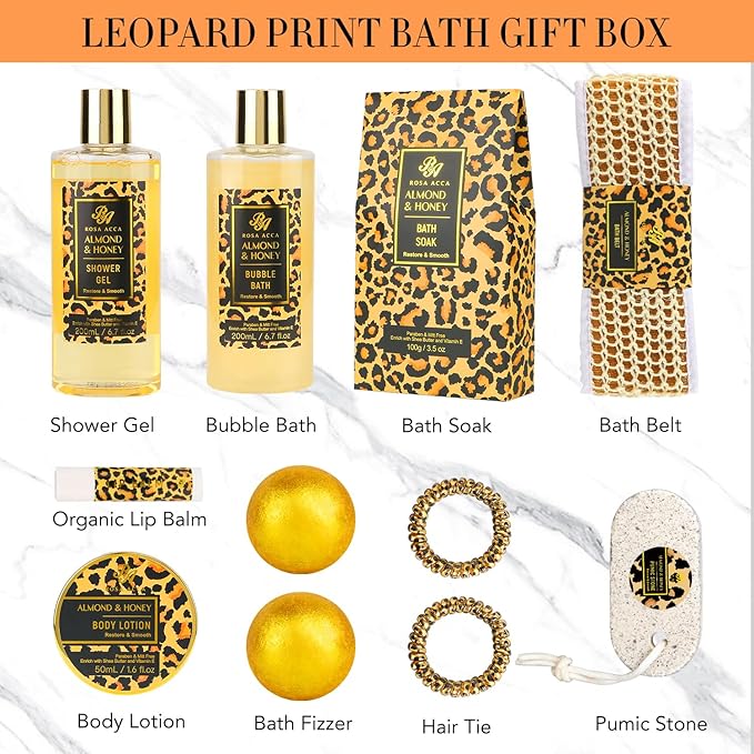Bath Gift Set for Women, XXL 20 Pcs Skin Care Set Leopard, Slef Care Gifts Set , Mother's Day, Valentine, Birthday, Christmas, Home Spa Kits with Shower Gel, Body Lotion, Shower Cap, Manicure Set