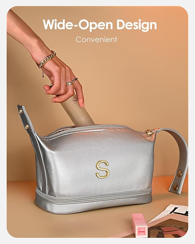 Gifts With Initials for Women, Personalized Makeup Bag with Handle, Initial Double Layer Cosmetic Bag with Makeup Brush Organizer, Cute Cosmetic Pouch for Women, Gifts for Friends Female