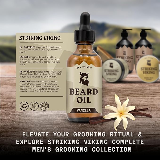 Striking Viking Beard Oil for Men - 2 Fl Oz, 3 Pack, Vanilla Scent - Naturally Derived Conditioner with Almond, Tea Tree, Argan & Jojoba Oil for Beard Growth, Softening & Moisturizing