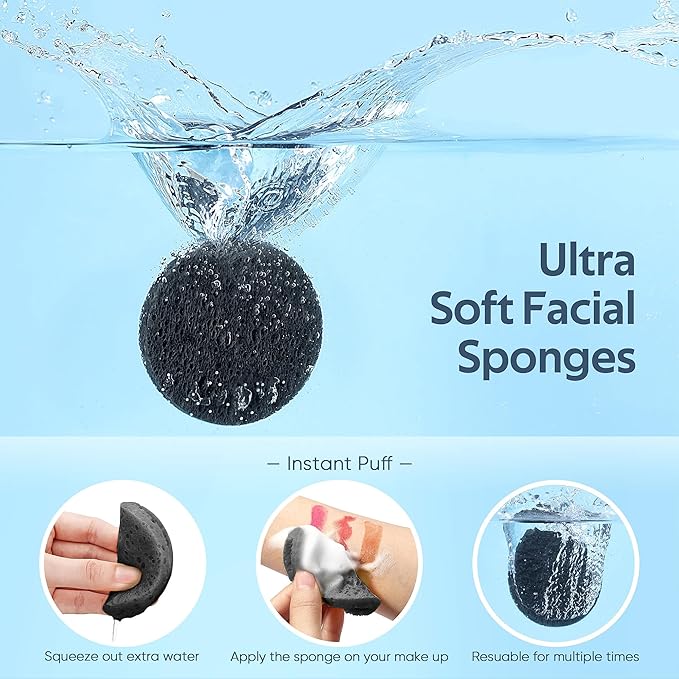 50-Count Black Compressed Facial Sponges for Daily Facial Cleansing and Exfoliating, 100％ Natural Cosmetic Spa Sponges for Makeup Remover, Reusable