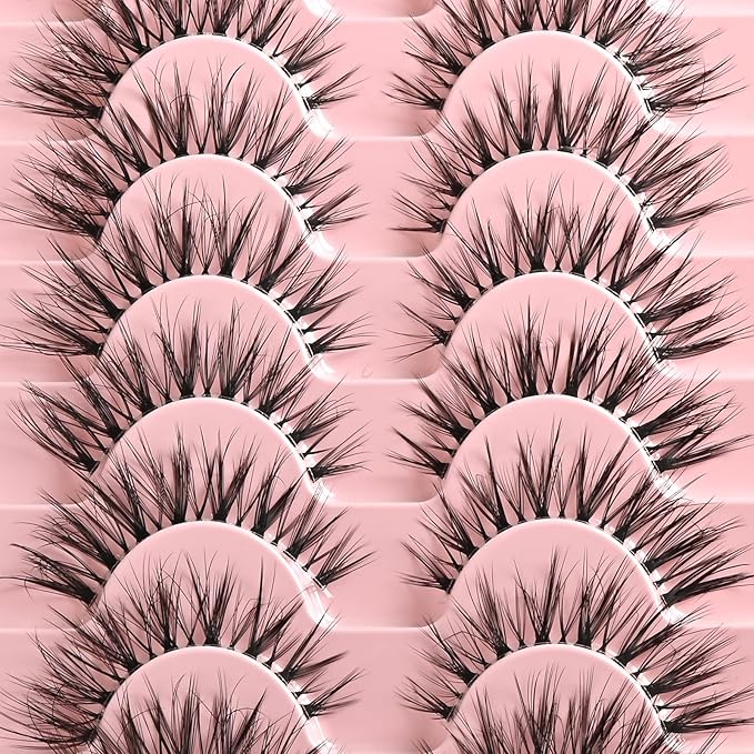 FARRED False Eyelashes Cat Eye Lashes Natural Fake Strip Eyelashes Invisible Band Mink Eyelash Strips Wispy Full Volume Pack 10 Pairs 8-14 mm Short Demi Wispies Pestañas Postizas