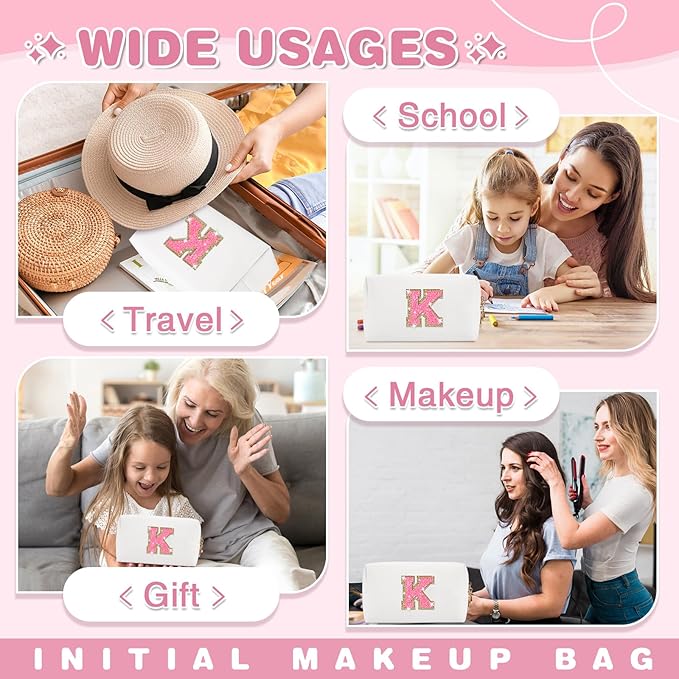 Small Personalized Initial A-Z Patch Makeup Bag,White Cute PU Leather Glitter Letter Cosmetic Bag for Teen Girls,Travel Toiletry Bag with Zipper,Preppy Monogrammed Birthday Gift for Daughter Niece K