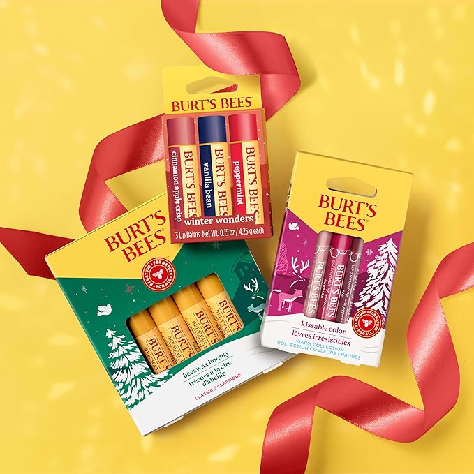 Burt's Bees Shimmer Lip Tint Stocking Stuffers Set, Tinted Lip Balm, Moisturizing for All Day Hydration with Natural Glowy Pigmented Finish & Buildable Color, Kissable Color, Warm Collection (3-Pack)