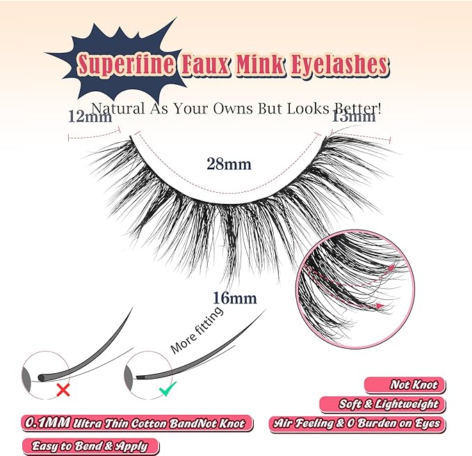 False Lashes Wispy Eyelashes Natural Look 15MM Fake Eyelashes 0.1MM Thin Band Strip Lashes Lightweight False Eyelash 3D Volume Fluffy Eye Lash C Curl Soft Siligli 7 Pair