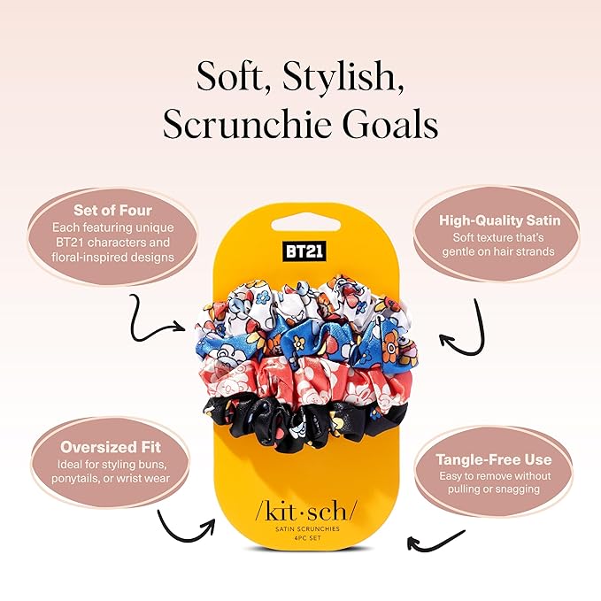 Kitsch x BT21 Satin Scrunchies for Women - No Crease Hair Ties for Girls | Scrunchies For All Hair Types and Textures, Perfect for Day or Night | Ideal Gifts for Women - 4 Pcs