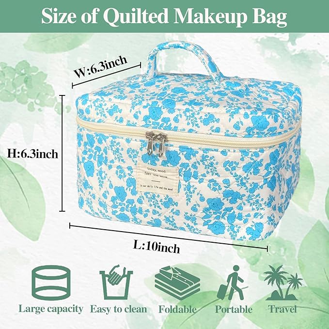 Lake Blue Large Quilted Floral Makeup Bag Cute Soft Coquette Aesthetic Cosmetic Bag Cotton Travel Toiletry Bag for Women