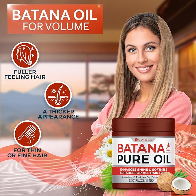 Batana Oil - Pure, Unrefined and Cold Pressed - Volumizing Hair Treatment for Women and Men - Hydrating Nourishment for Dry, Broken and Brittle Split Ends - Deep Hydration and Moisture Hair Mask