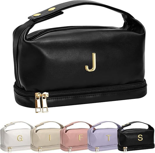 Personalized Gifts for Women, Gift for Teens Makeup Bag with Handle, Double Layer Cosmetic Bag with Makeup Brush Organizer, PU Leather Travel Toiletry Bag, Gifts for Friends Female Mom