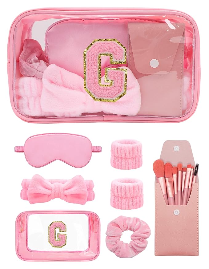 Gift Sets for Women, Initial Makeup Bag with Makeup Brush Set Bachelorette Party Favors, Pink Spa Kit with Skincare Headbands Wrist Bands Sleepover Party Supplies Gifts for Teen Girls Bridesmaid G