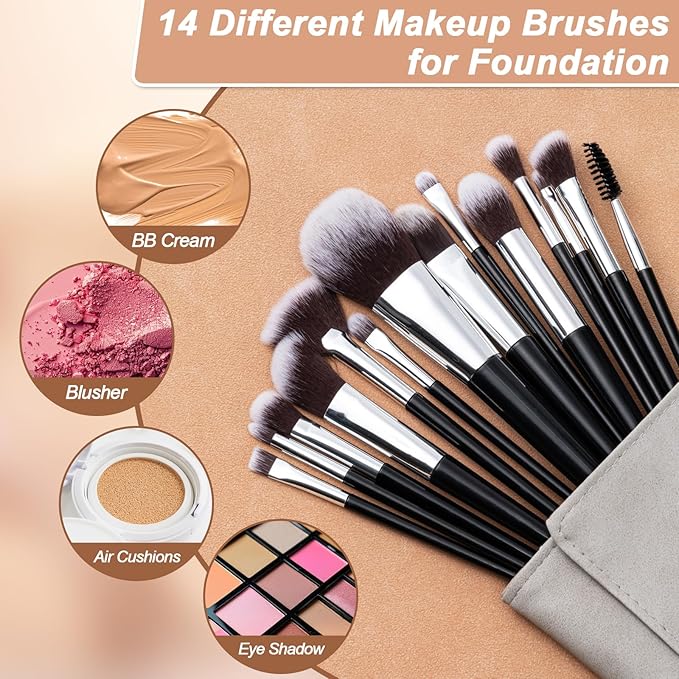 Makeup Brushes, 14 Pcs Professional Makeup Brush Set, Eye and Face Foundation Brush Set, Eyeshadow Brushes, Cosmetic Brushes, with PU Bag, Black