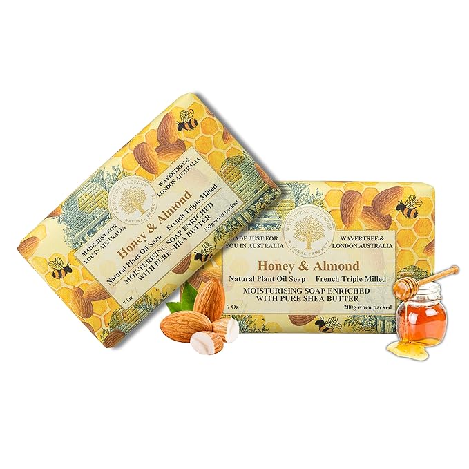 Wavertree & London Honey Almond Scented Natural Soap (2 Bars), 7oz Moisturizing French Triple Milled Soap Bars enriched with shea butter - Pure Plant Based Bath & Body Bars for All Skin Types