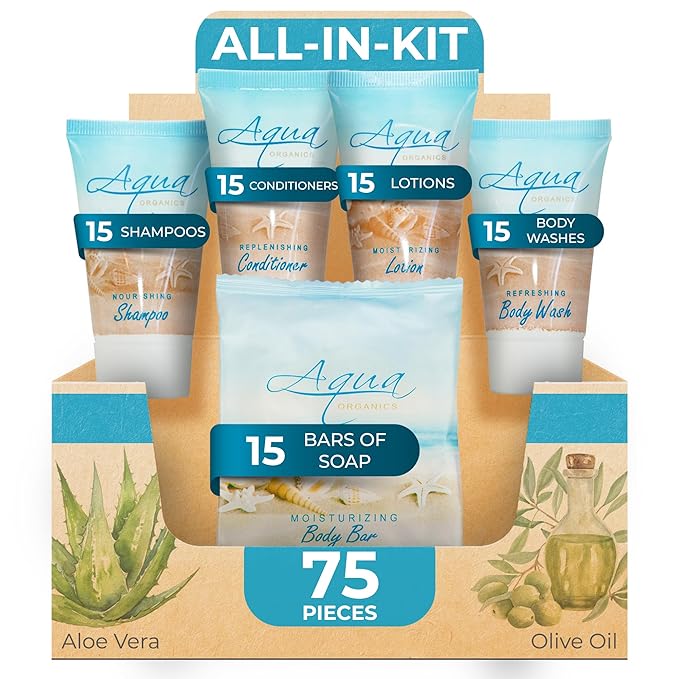 Aqua Organics Hotel Soaps & Toiletries Bulk Set | 1-Shoppe Amenities Kit | 1oz Shampoo & Conditioner, Body Wash, Lotion, 1oz Bar Soap | Travel Size | 75 Pieces